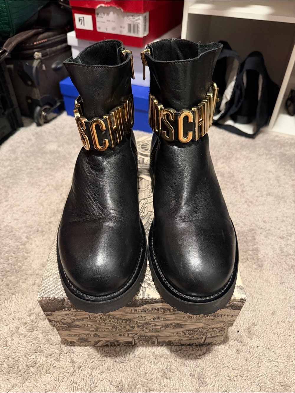 Moschino Black Leather Ankle Boots with Gold Logo Band